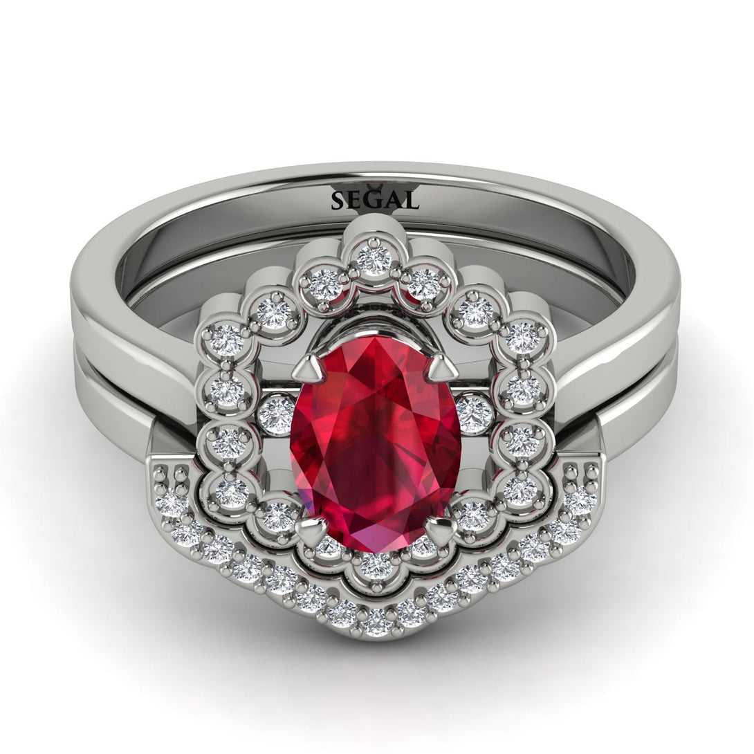 Honeycomb Halo Oval Ruby Bridal Set - Laura No. 12