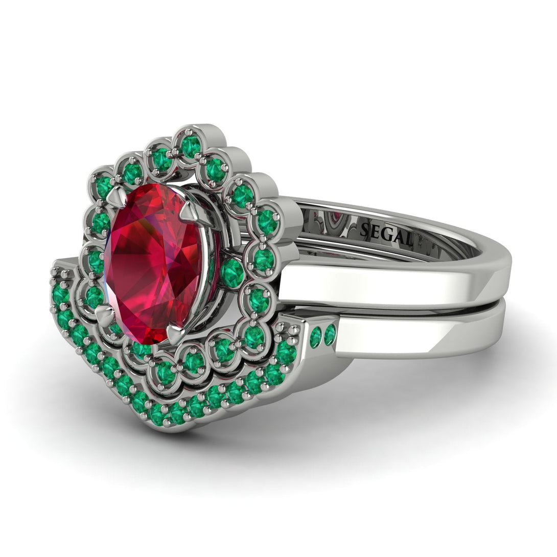 Honeycomb Halo Oval Ruby Bridal Set - Laura No. 27
