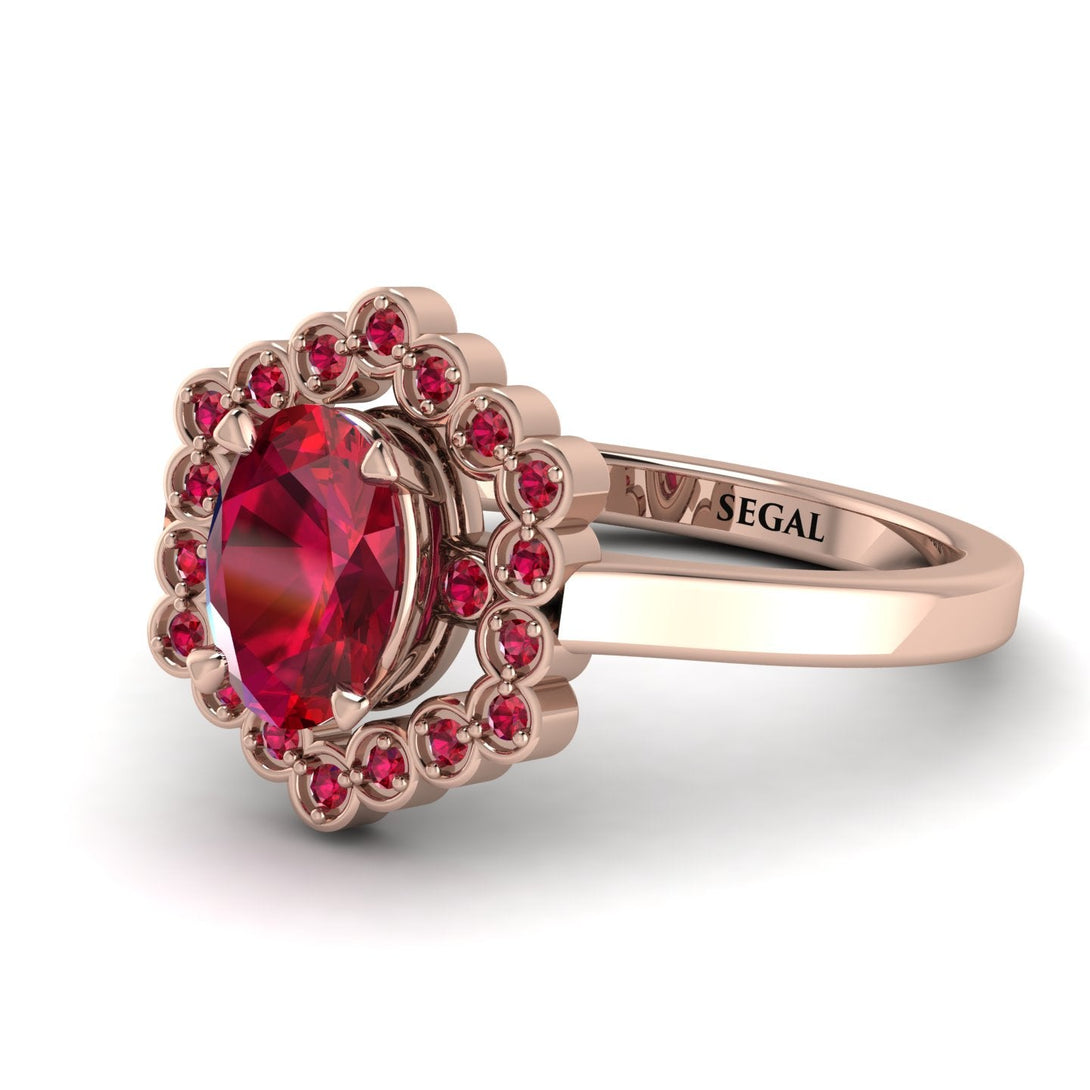 Honeycomb Halo Oval Ruby Ring - Laura No. 56