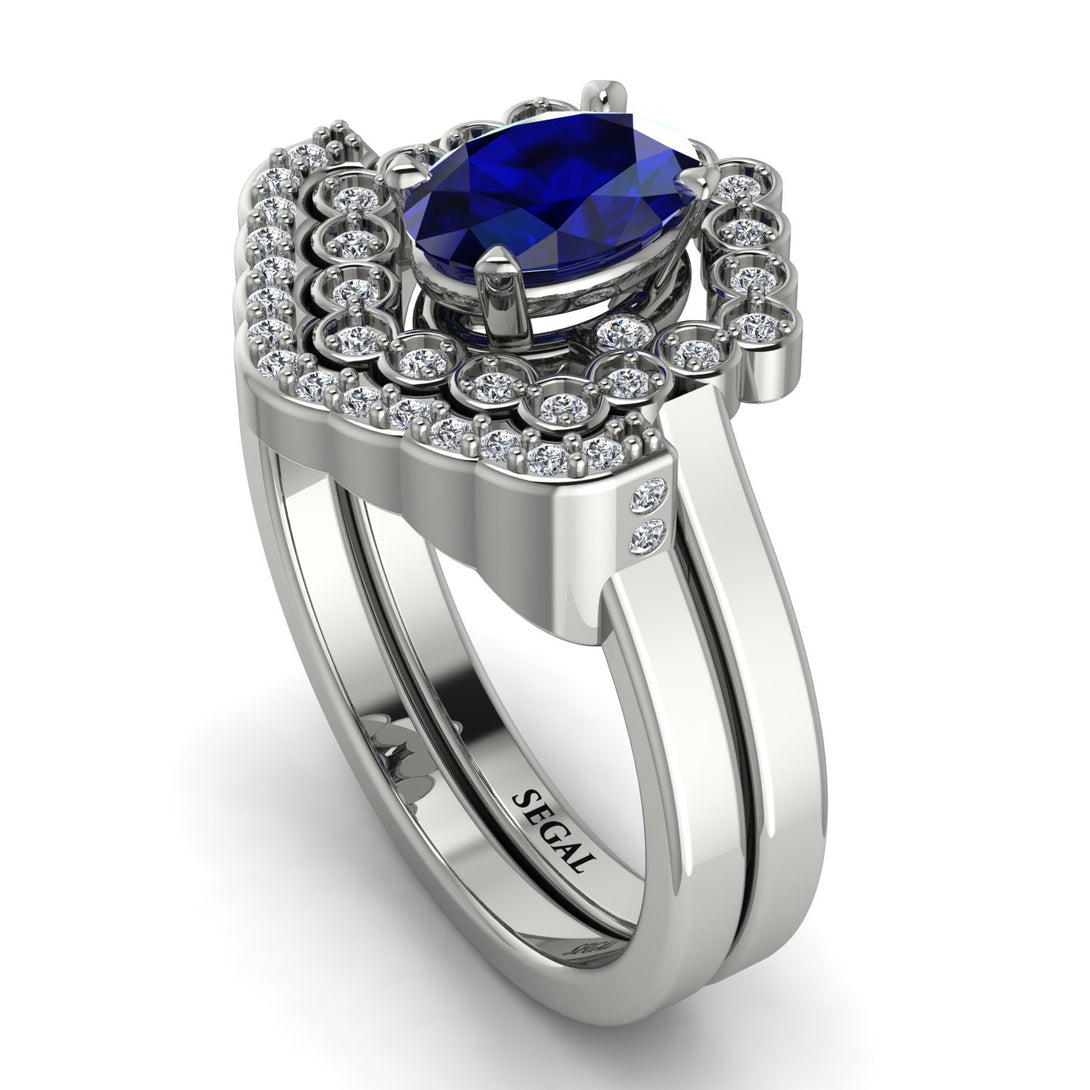 Honeycomb Halo Oval Sapphire Bridal Set - Laura No. 15