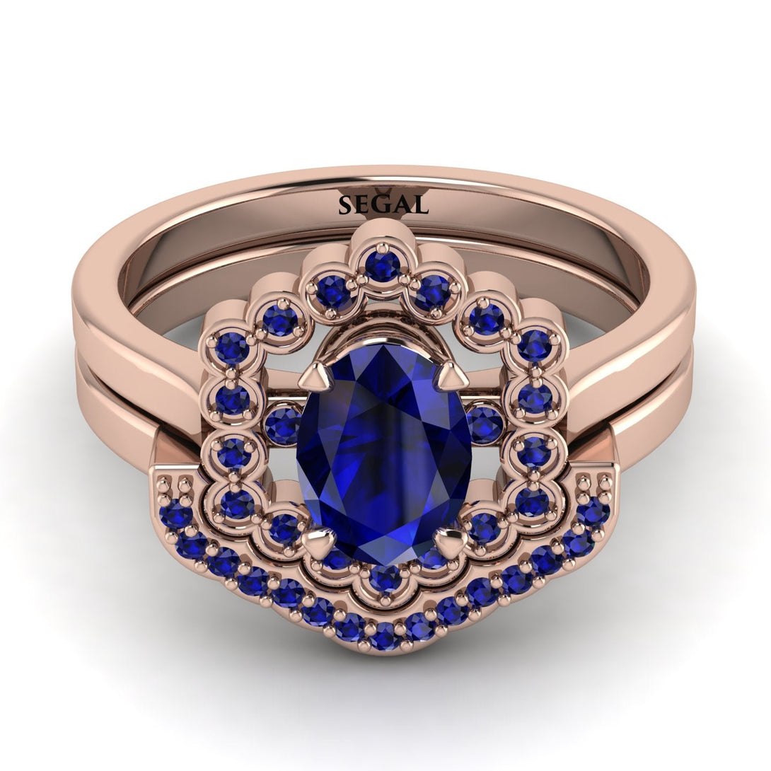 Honeycomb Halo Oval Sapphire Bridal Set - Laura No. 74