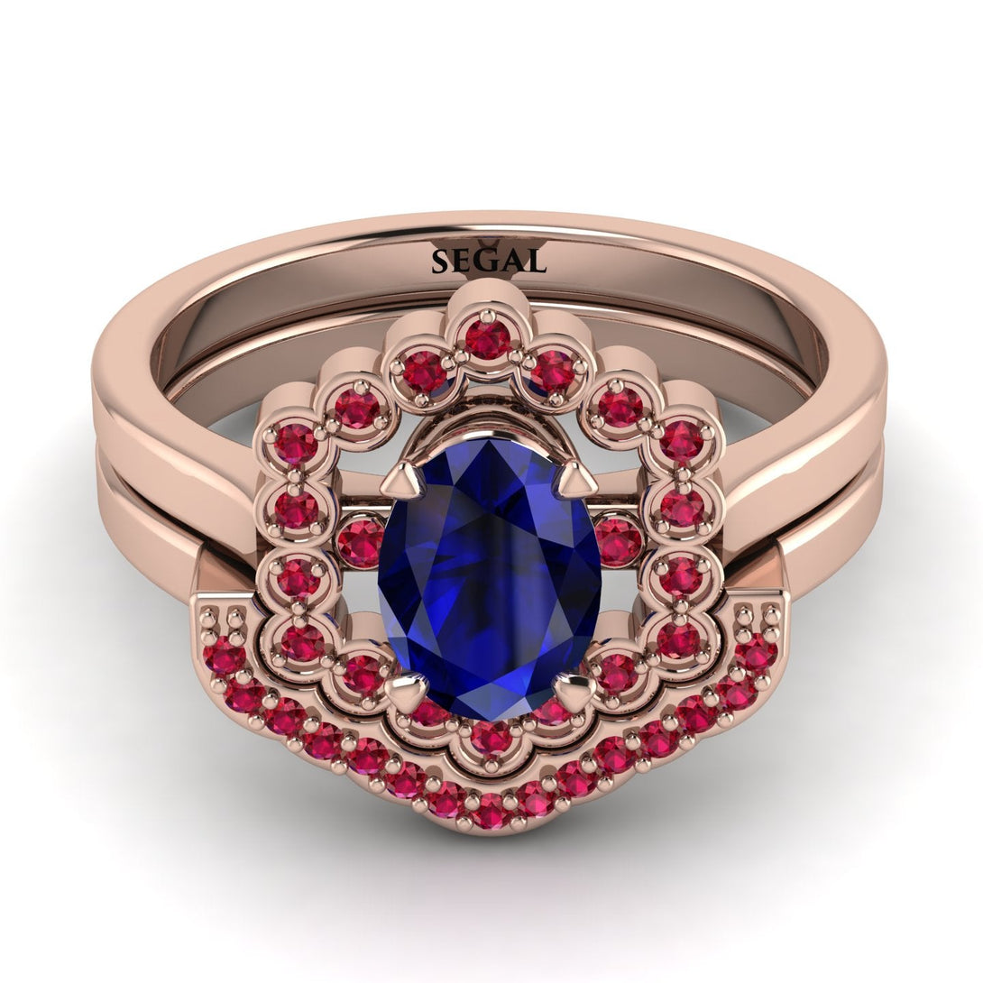 Honeycomb Halo Oval Sapphire Bridal Set - Laura No. 59