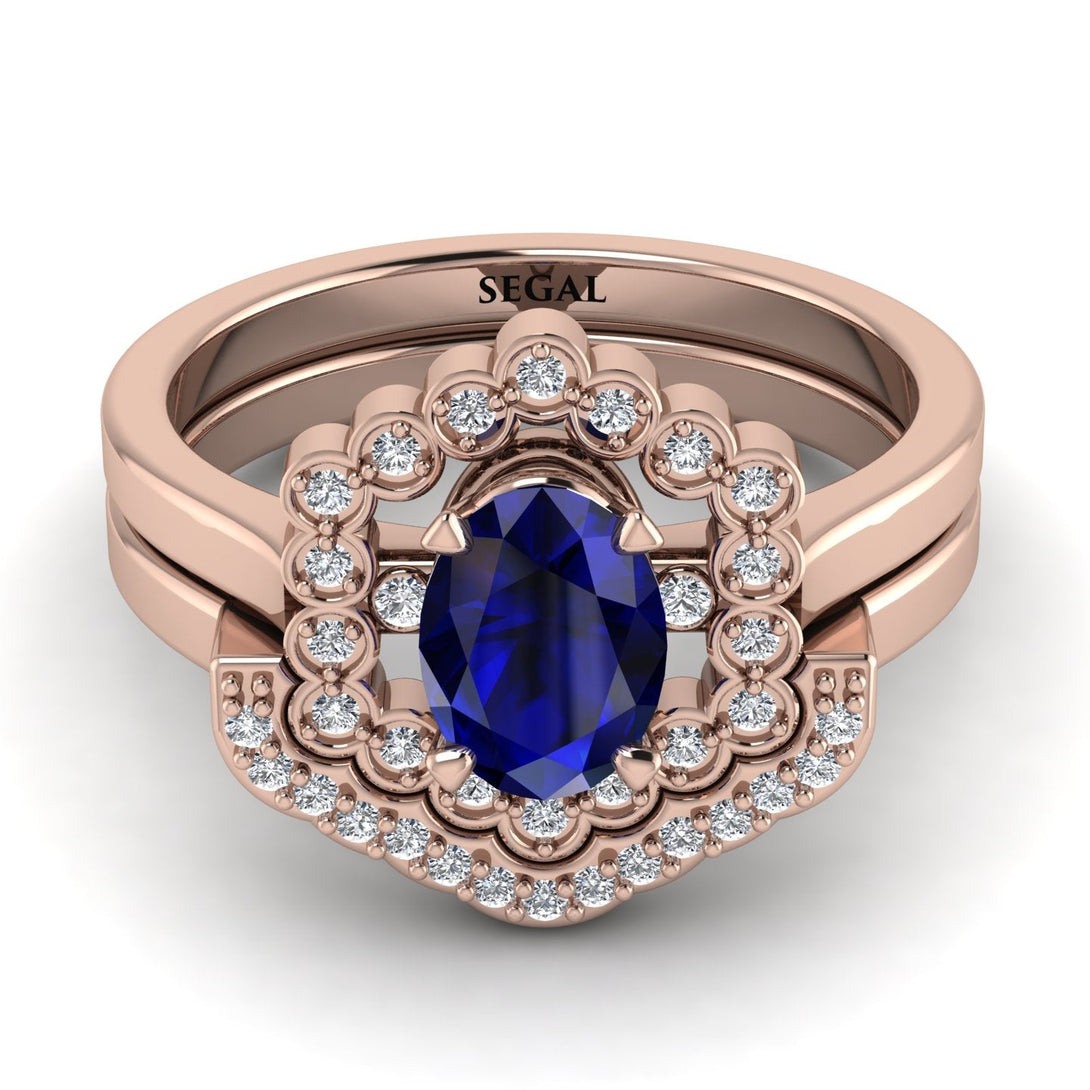 Honeycomb Halo Oval Sapphire Bridal Set - Laura No. 14