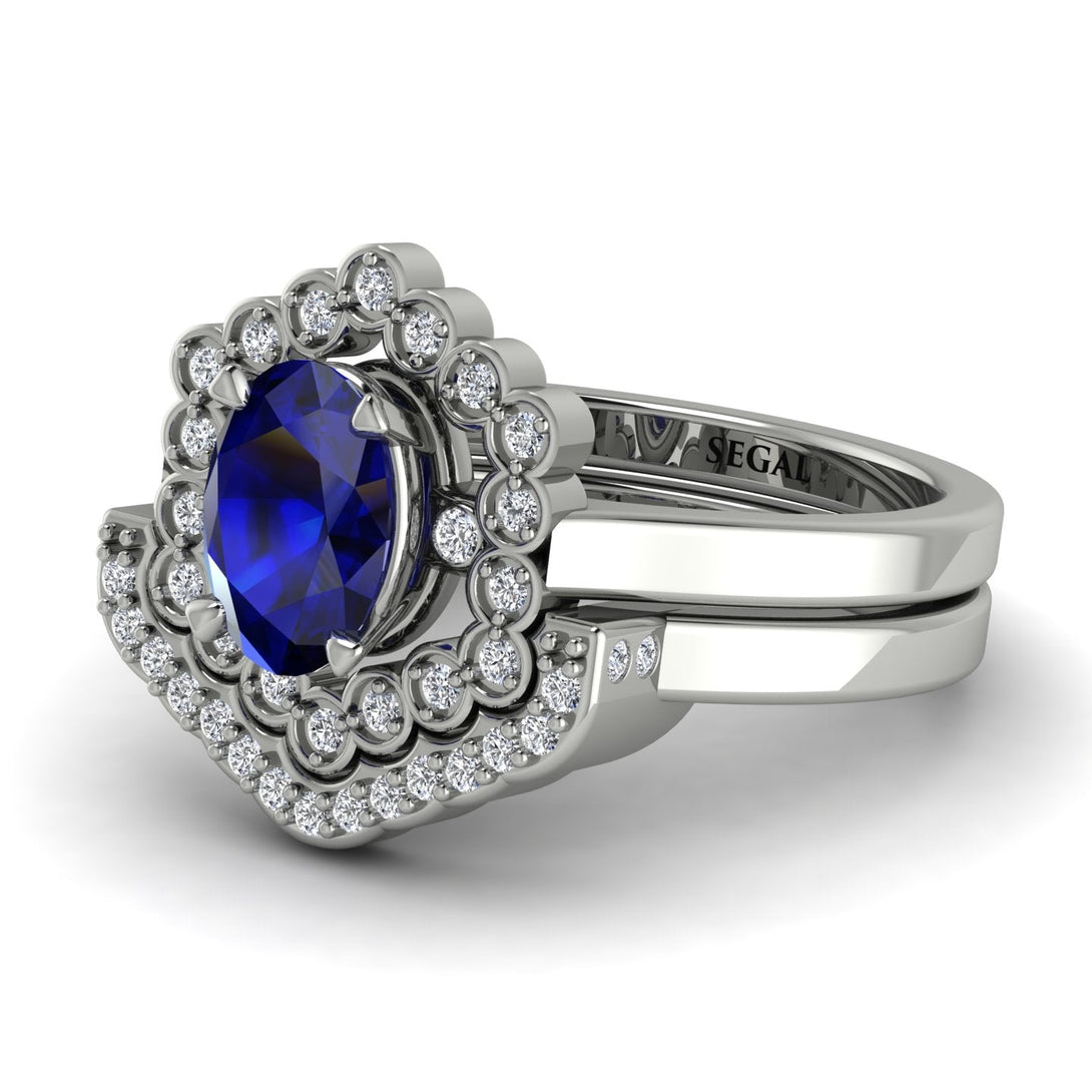 Honeycomb Halo Oval Sapphire Bridal Set - Laura No. 15