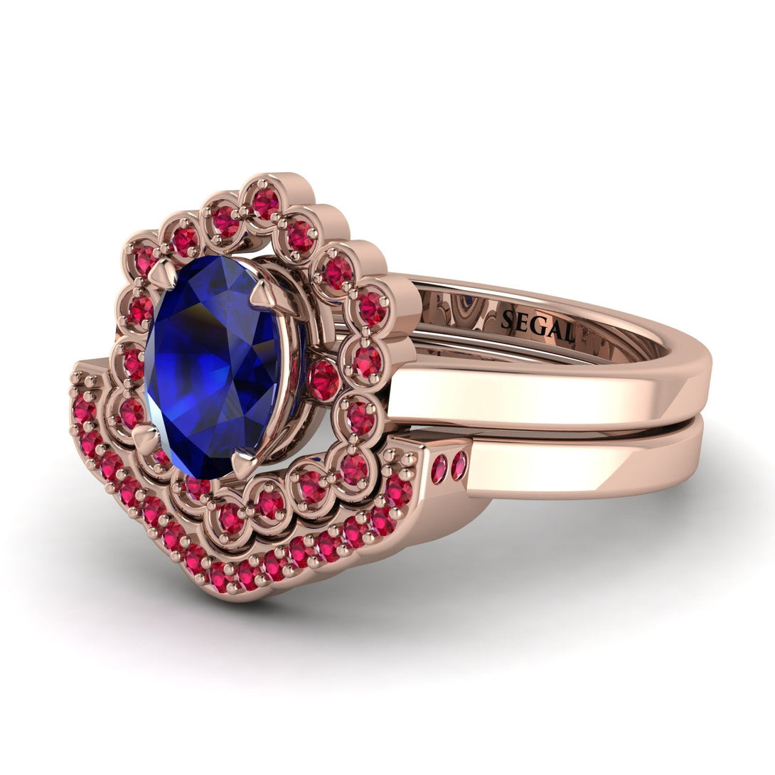 Honeycomb Halo Oval Sapphire Bridal Set - Laura No. 59
