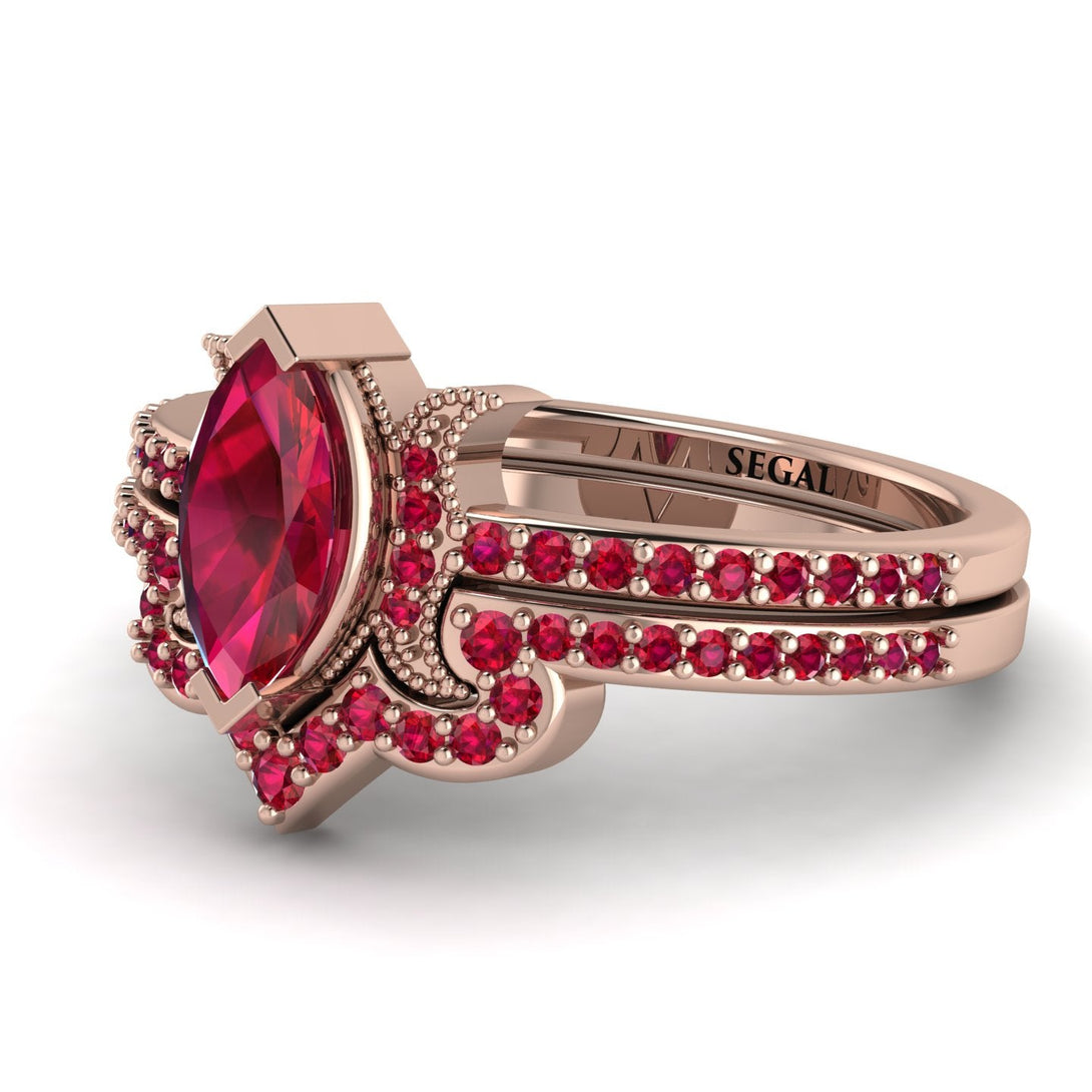 Marquise Cut Ruby Pave Bridal Set - Kathleen No. 56
