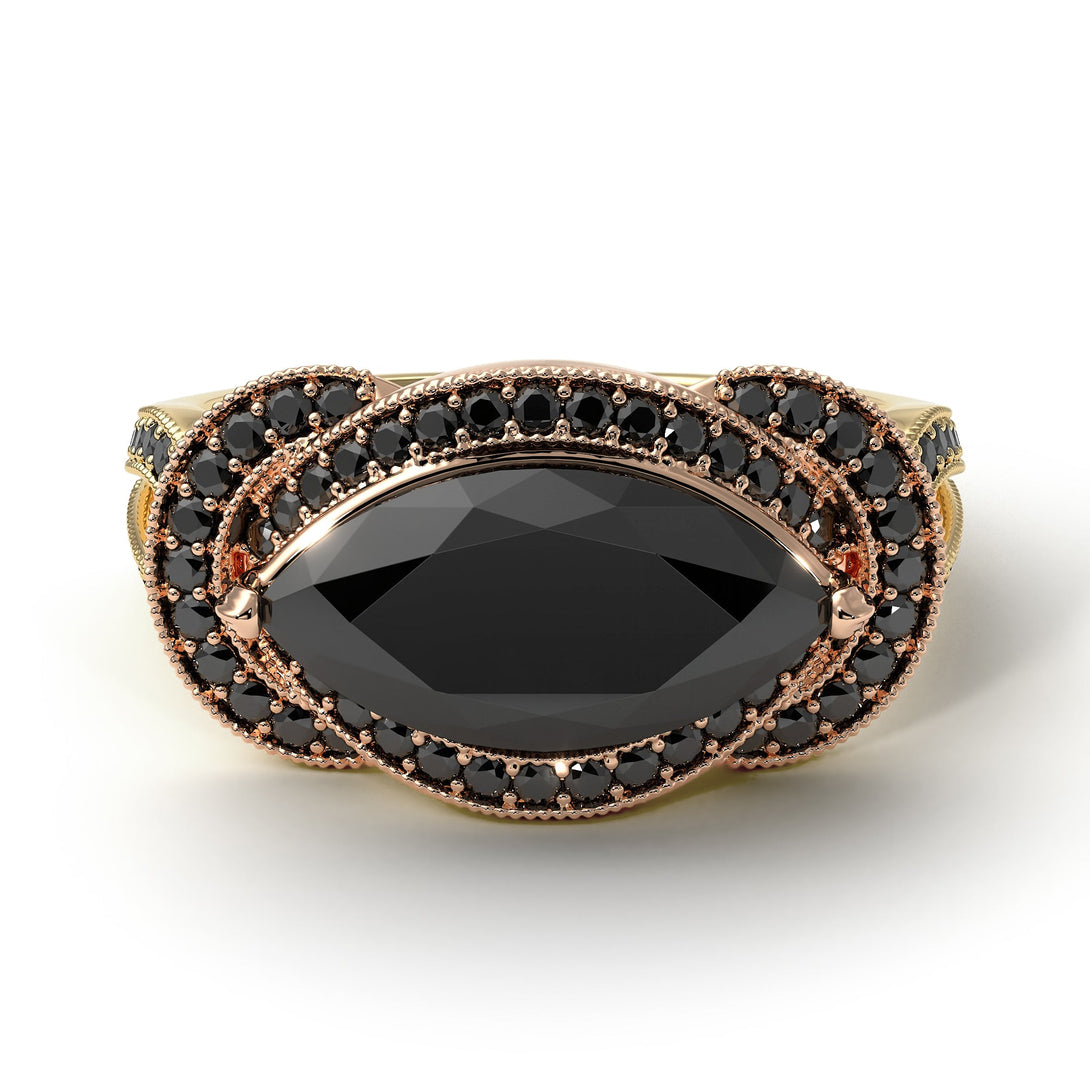 Two Tones Milgrain Marquise Black Diamond Engagement Ring - Marley No. 79