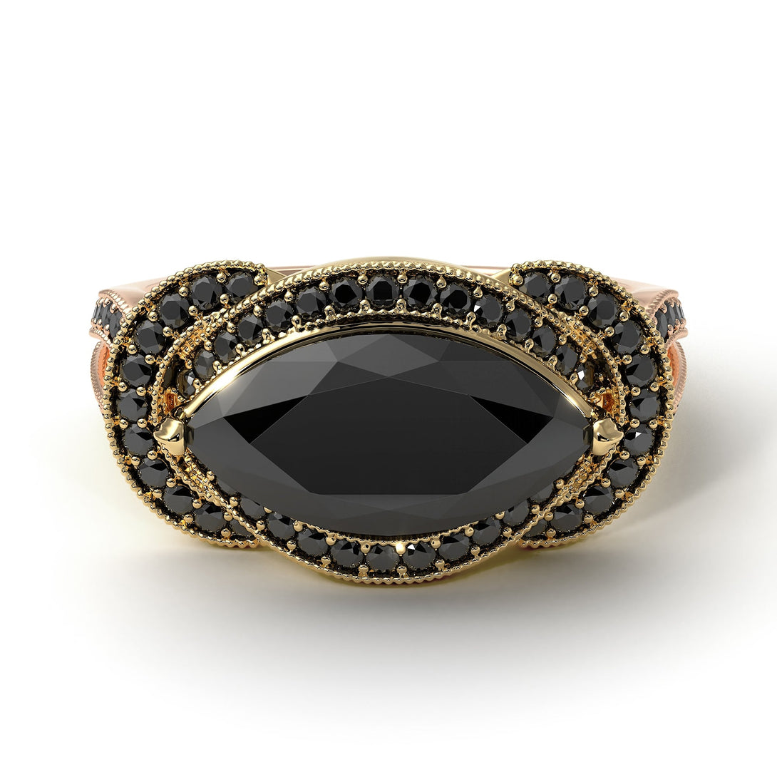 Two Tones Milgrain Marquise Black Diamond Engagement Ring - Marley No. 79