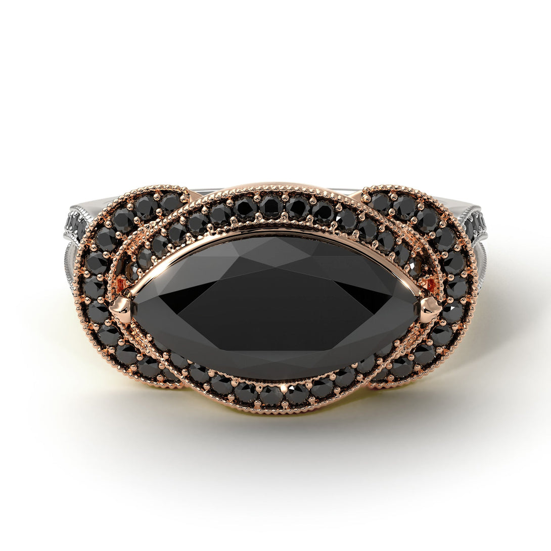Two Tones Milgrain Marquise Black Diamond Engagement Ring - Marley No. 81