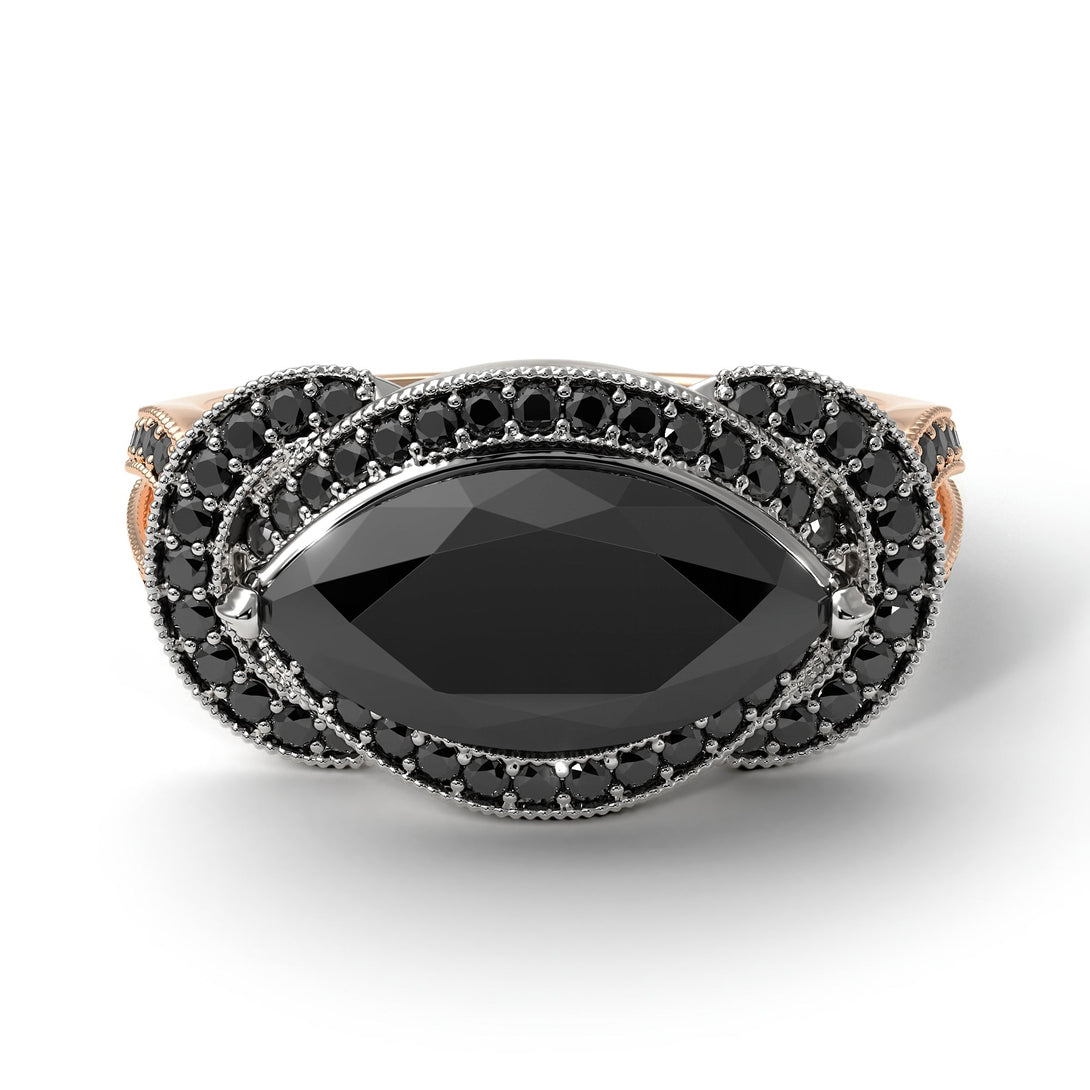 Two Tones Milgrain Marquise Black Diamond Engagement Ring - Marley No. 81