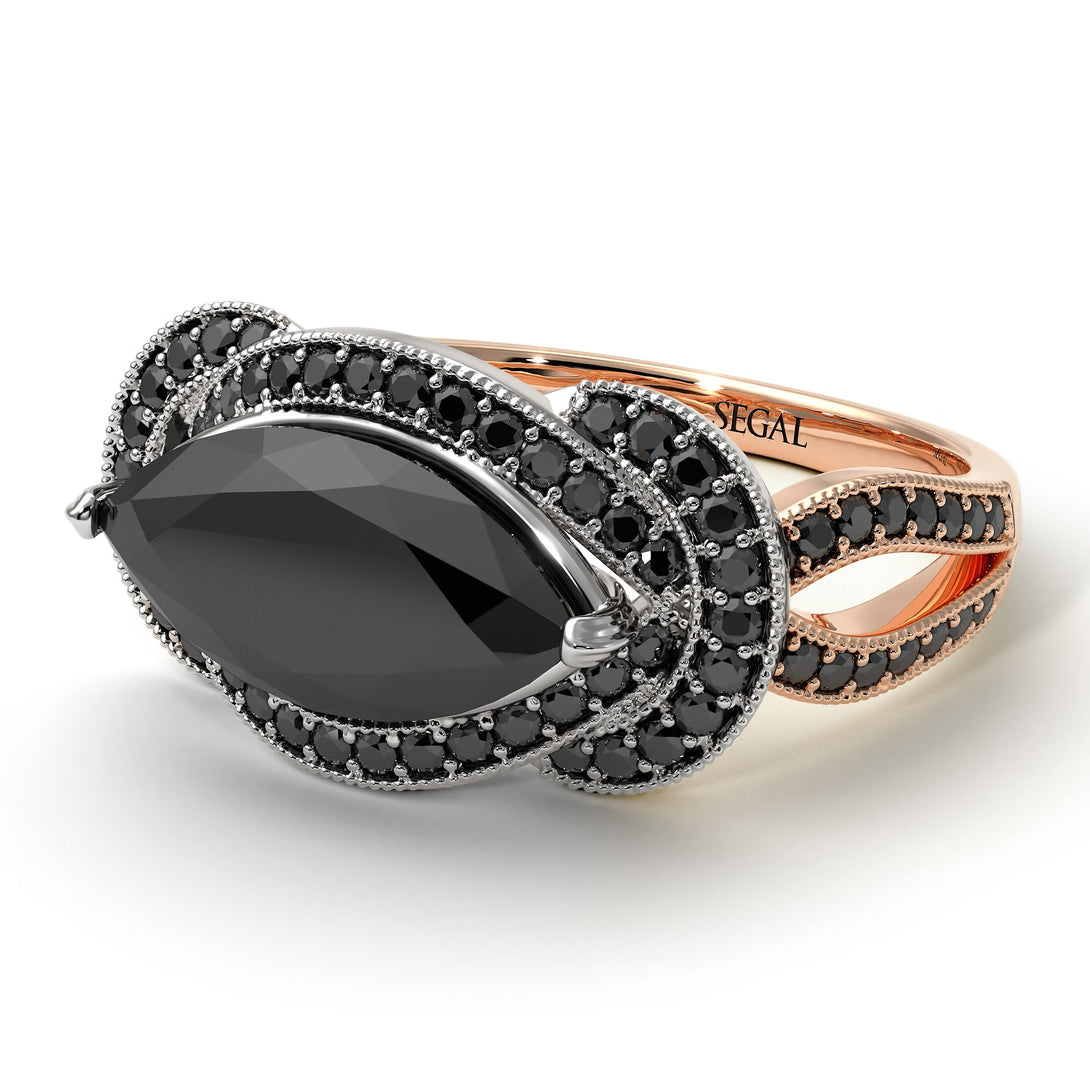 Two Tones Milgrain Marquise Black Diamond Engagement Ring - Marley No. 81