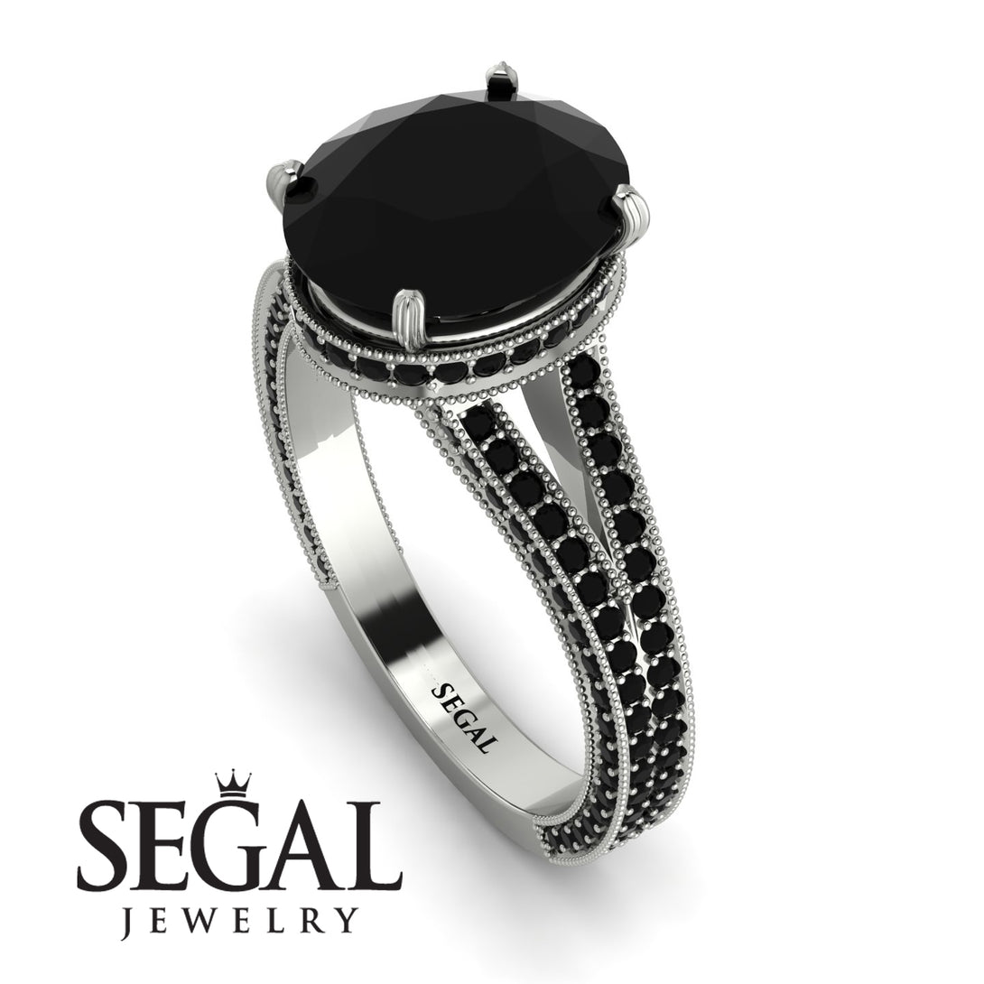 Milgrain Oval Black Diamond Engagement Ring - Nicole No. 39