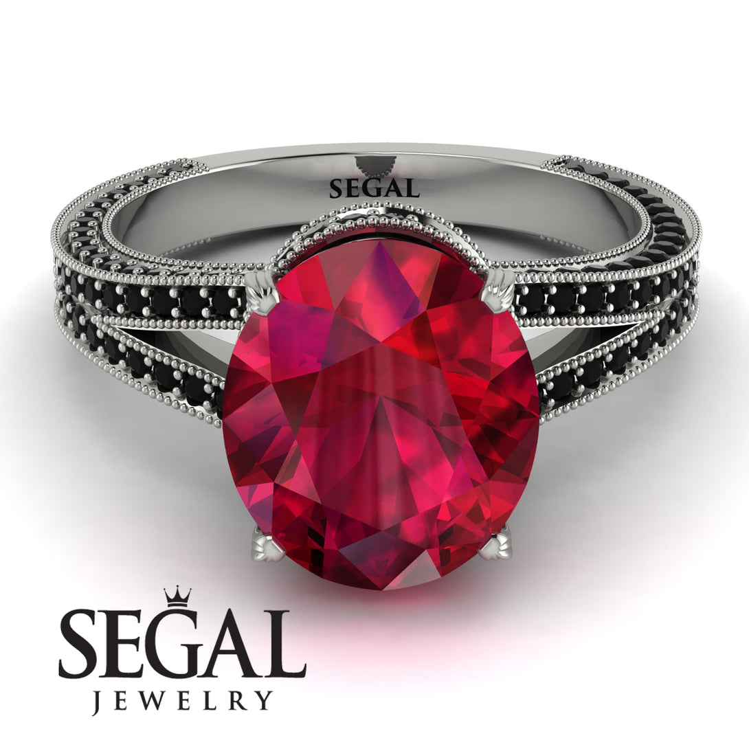 Milgrain Oval Black Diamond Engagement Ring - Nicole No. 42