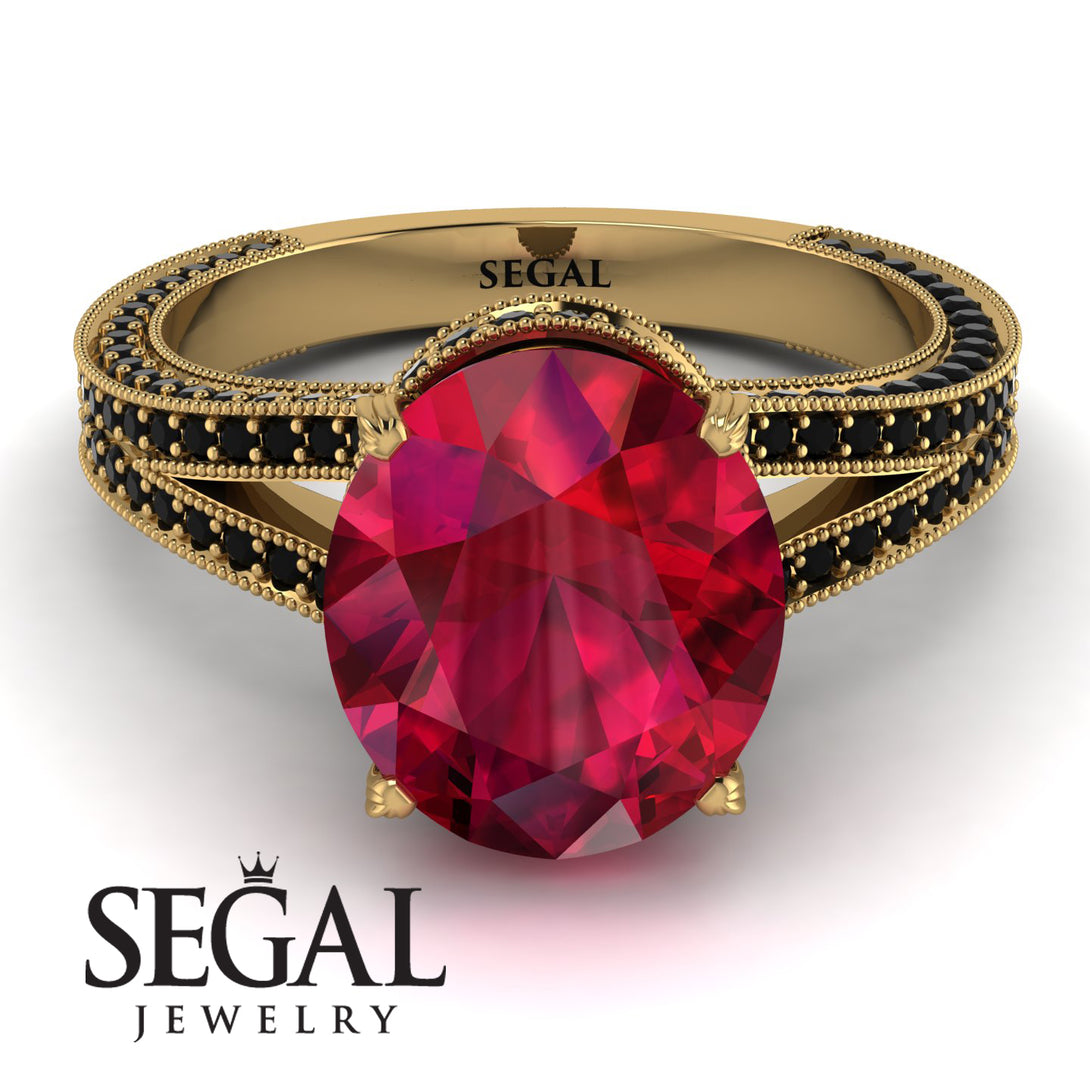 Milgrain Oval Black Diamond Engagement Ring - Nicole No. 40