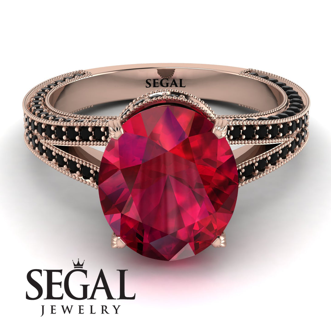 Milgrain Oval Black Diamond Engagement Ring - Nicole No. 41
