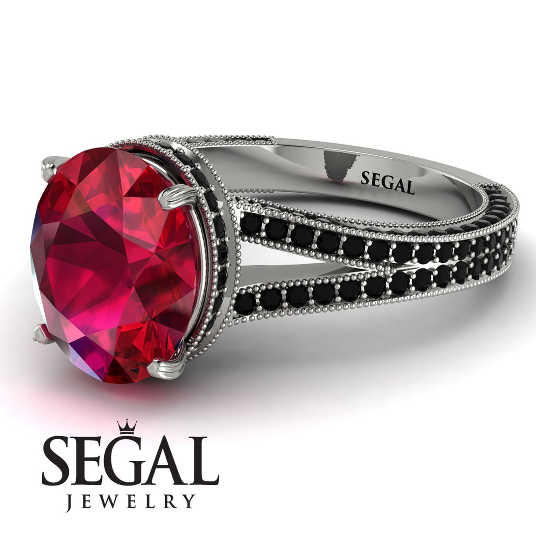 Milgrain Oval Black Diamond Engagement Ring - Nicole No. 42