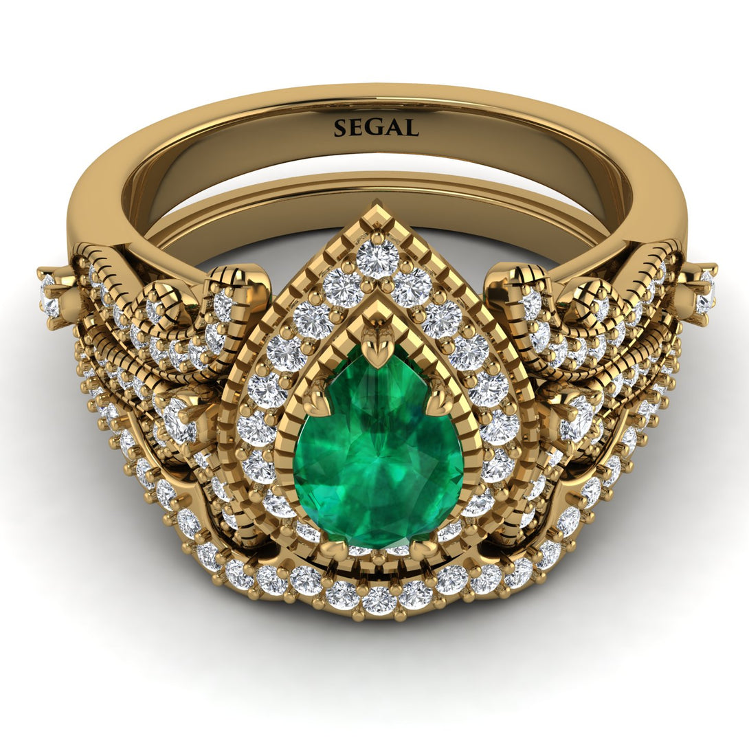 Milgrain Pear Cut Emerald Bridal Set - Lisa No. 4