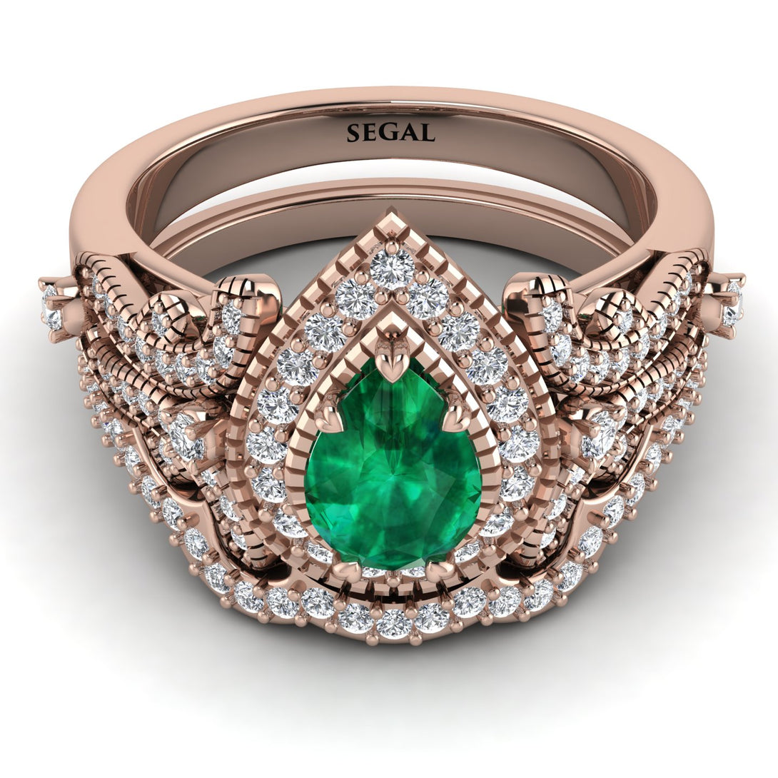 Milgrain Pear Cut Emerald Bridal Set - Lisa No. 5