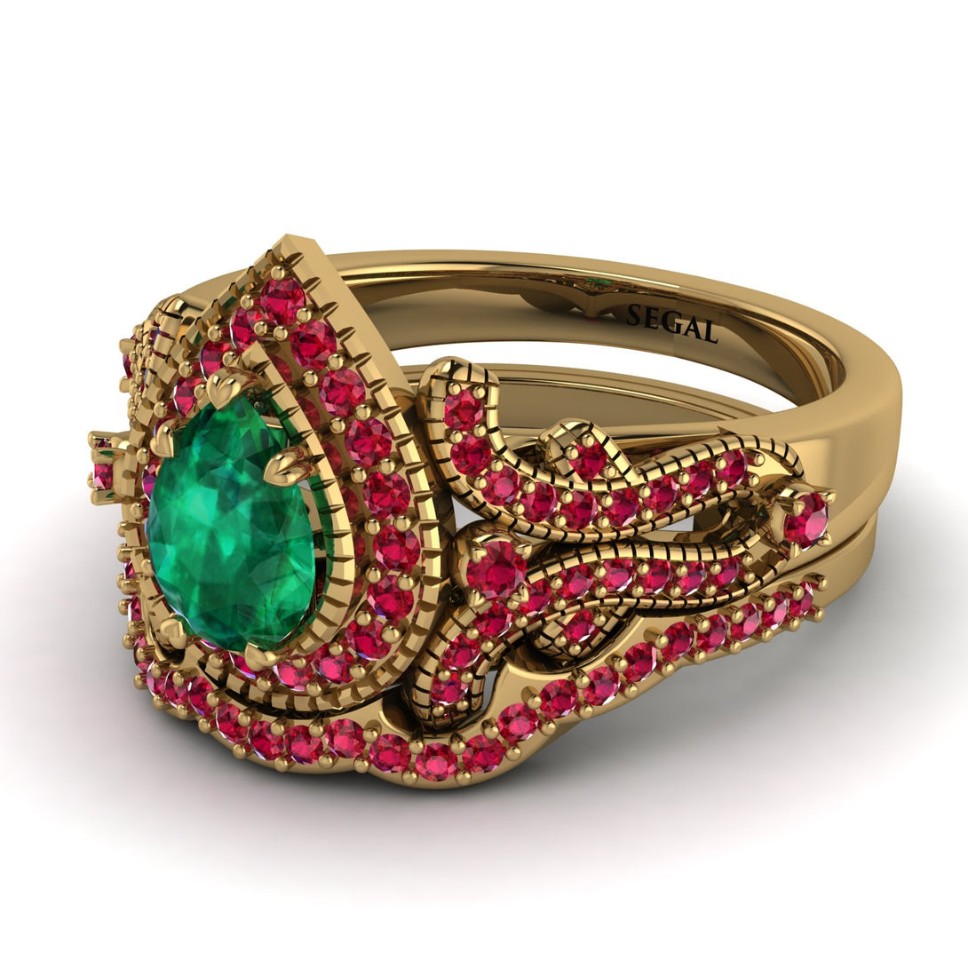 Milgrain Pear Cut Emerald Bridal Set - Lisa No. 49