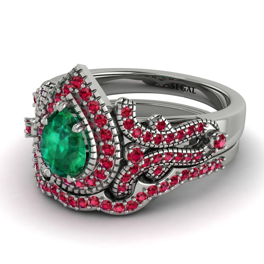 Milgrain Pear Cut Emerald Bridal Set - Lisa No. 51