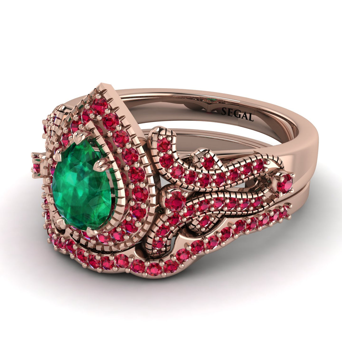 Milgrain Pear Cut Emerald Bridal Set - Lisa No. 50
