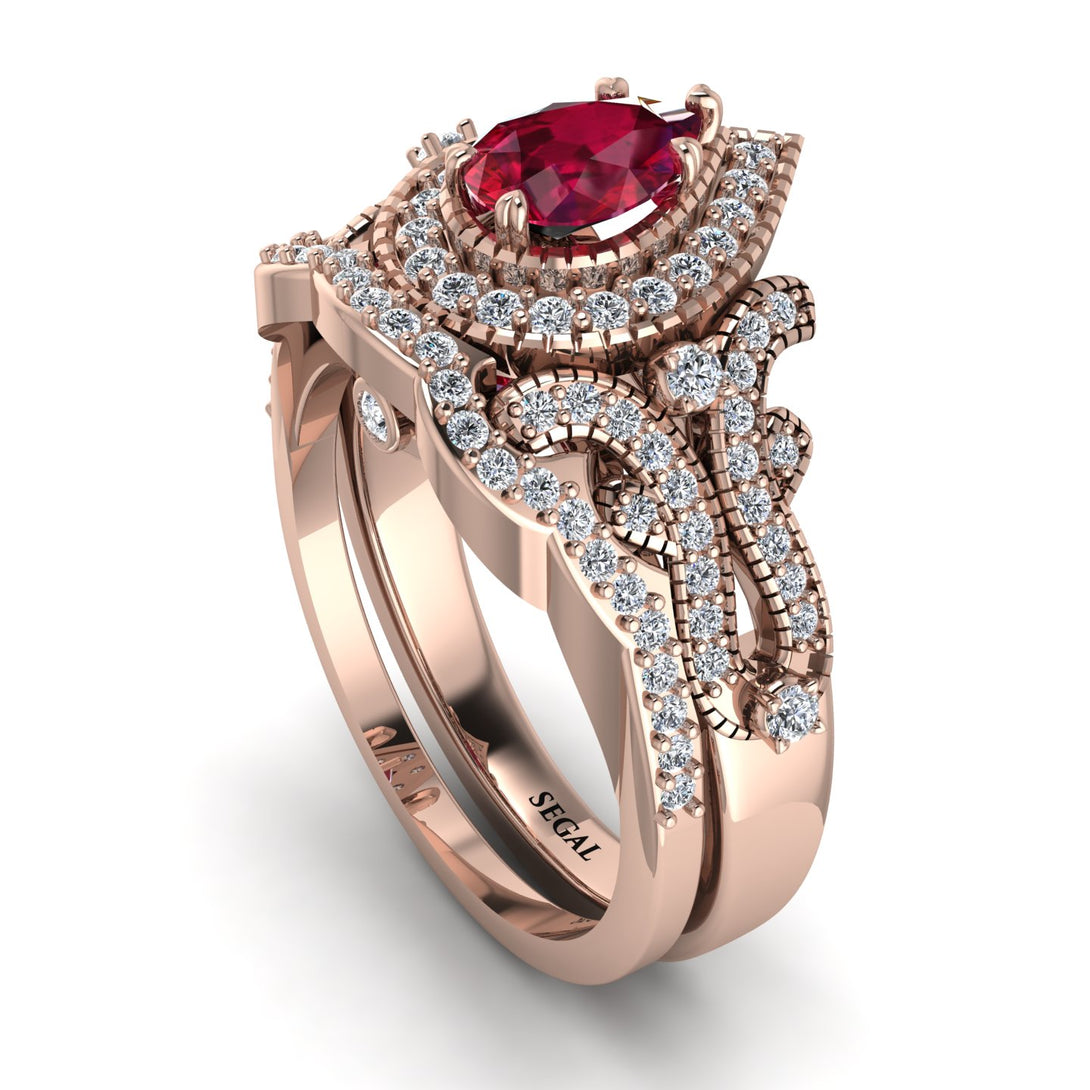 Milgrain Pear Cut Ruby Bridal Set - Lisa No. 11