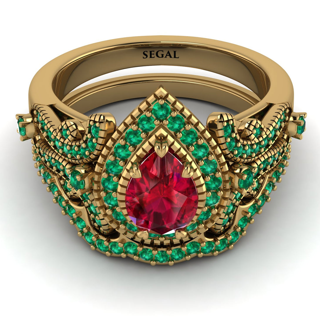 Milgrain Pear Cut Ruby Bridal Set - Lisa No. 25