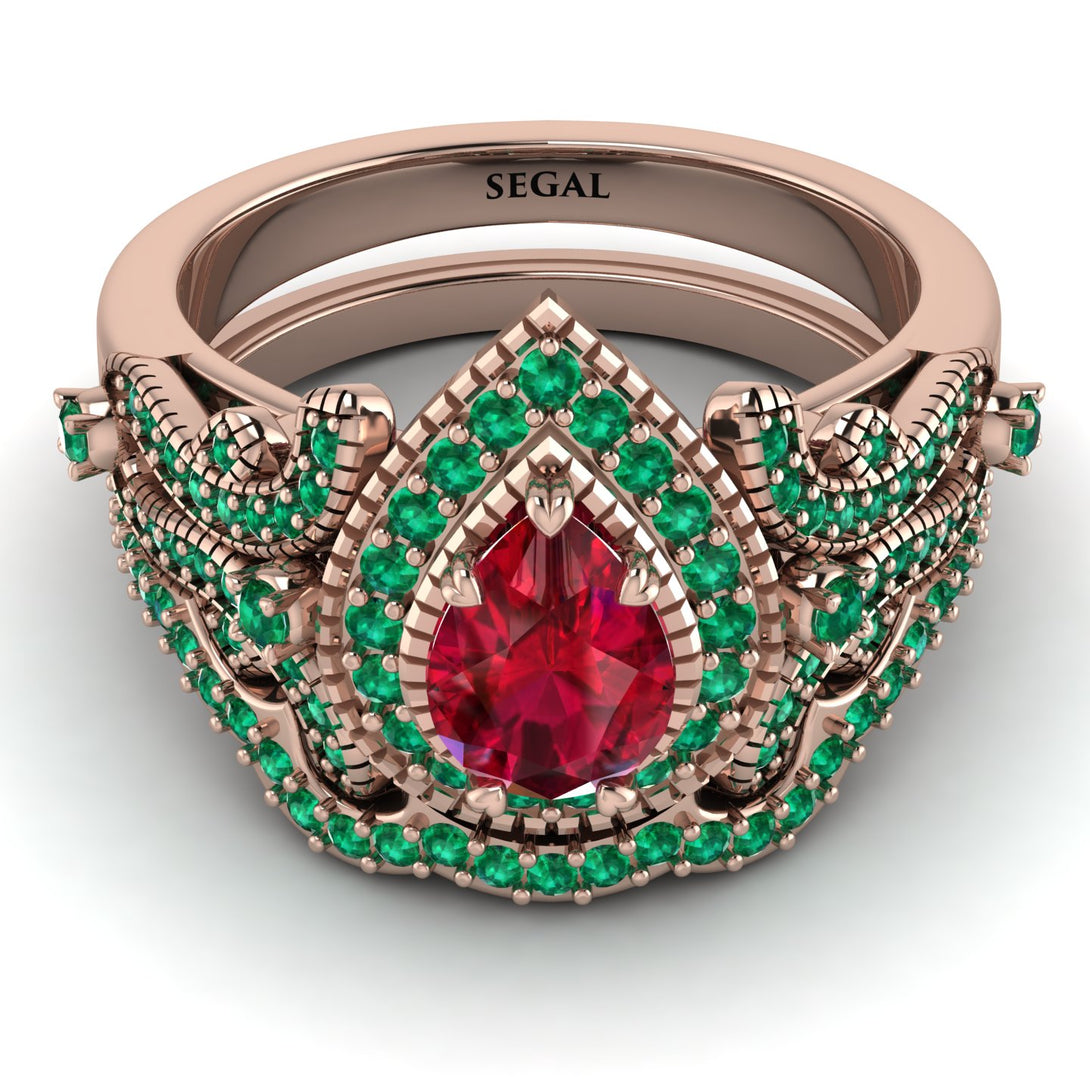 Milgrain Pear Cut Ruby Bridal Set - Lisa No. 26
