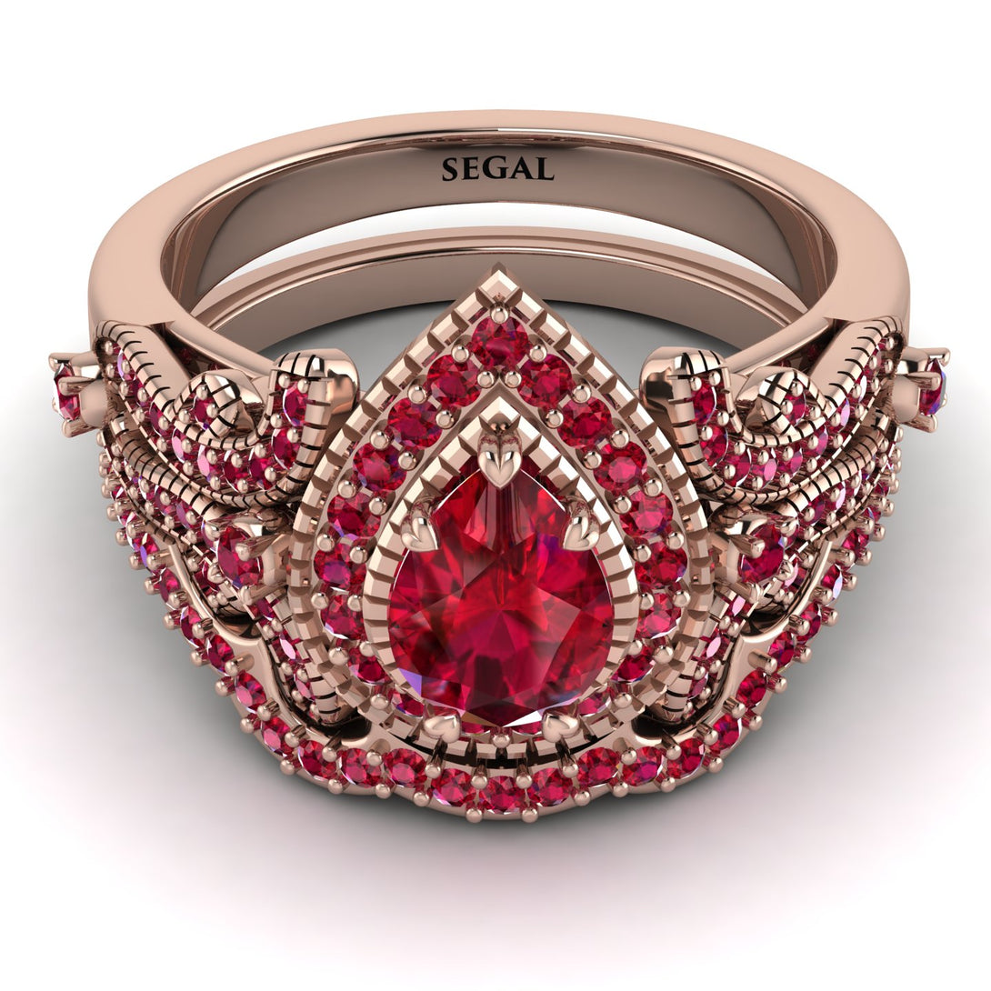 Milgrain Pear Cut Ruby Bridal Set - Lisa No. 56