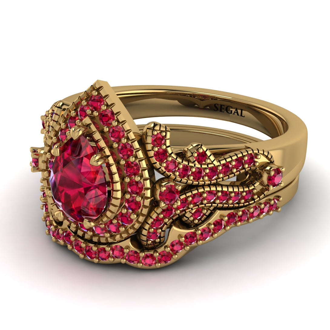 Milgrain Pear Cut Ruby Bridal Set - Lisa No. 55