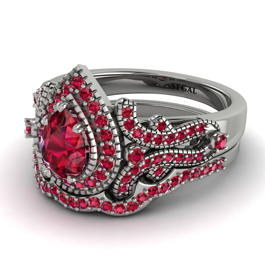 Milgrain Pear Cut Ruby Bridal Set - Lisa No. 57