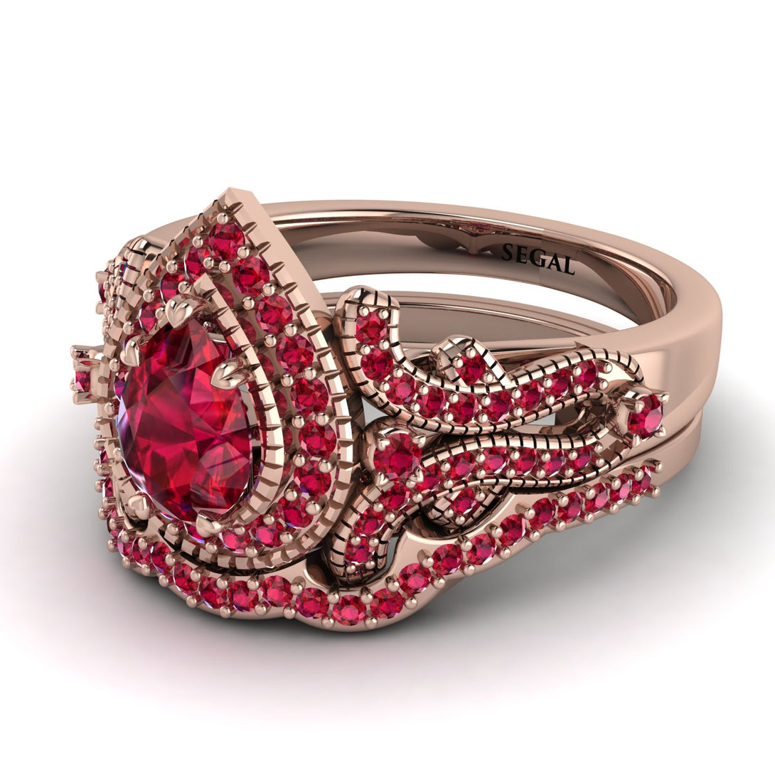 Milgrain Pear Cut Ruby Bridal Set - Lisa No. 56