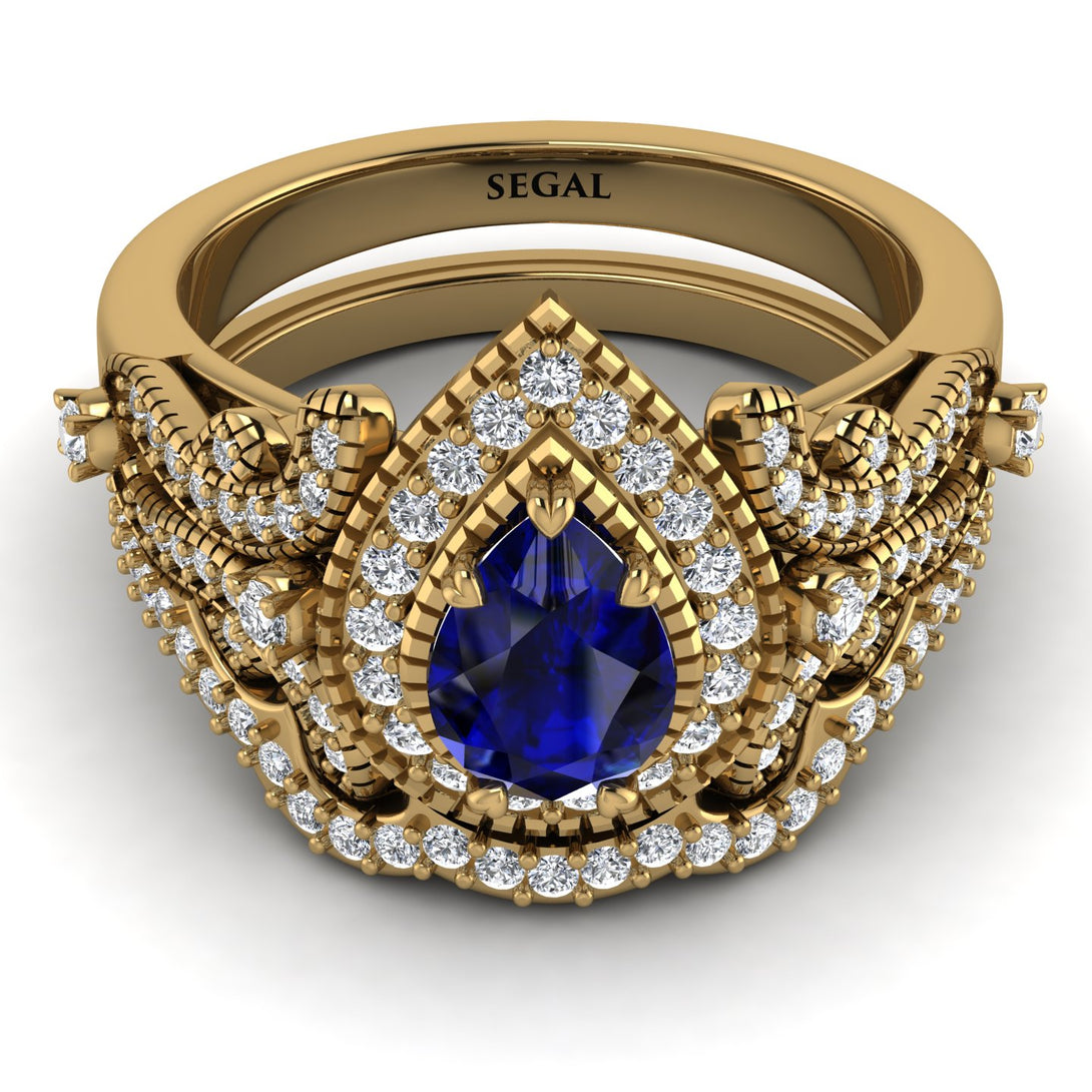 Milgrain Pear Cut Sapphire Bridal Set - Lisa No. 13