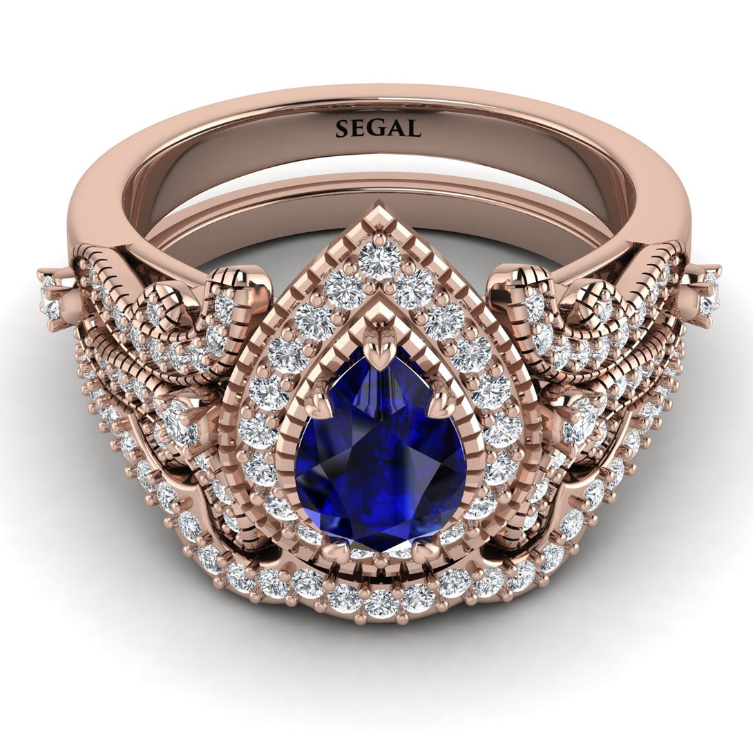 Milgrain Pear Cut Sapphire Bridal Set - Lisa No. 14