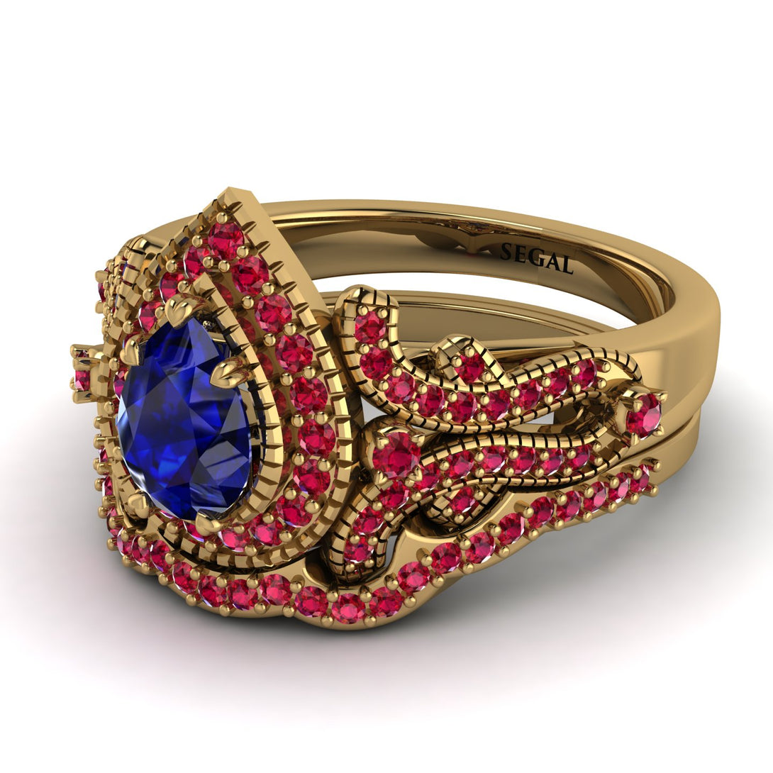 Milgrain Pear Cut Sapphire Bridal Set - Lisa No. 58