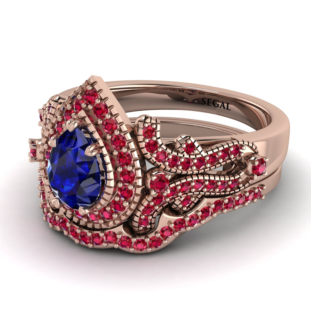 Milgrain Pear Cut Sapphire Bridal Set - Lisa No. 59