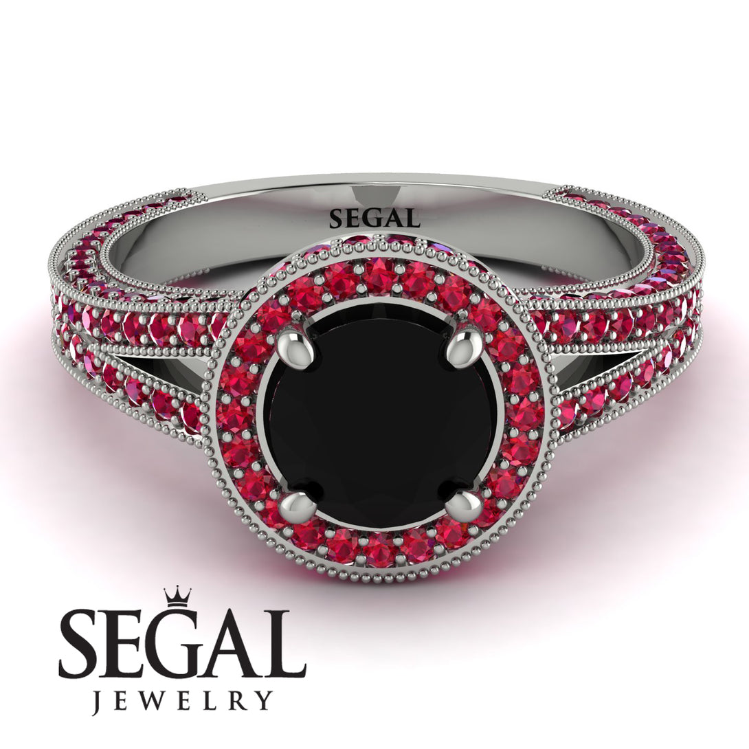 Milgrain Round Black Diamond Engagement Ring - Payton No. 54