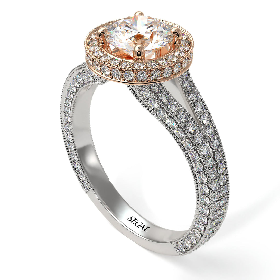 Two Tones Milgrain Round Diamond Engagement Ring - Payton No. 78