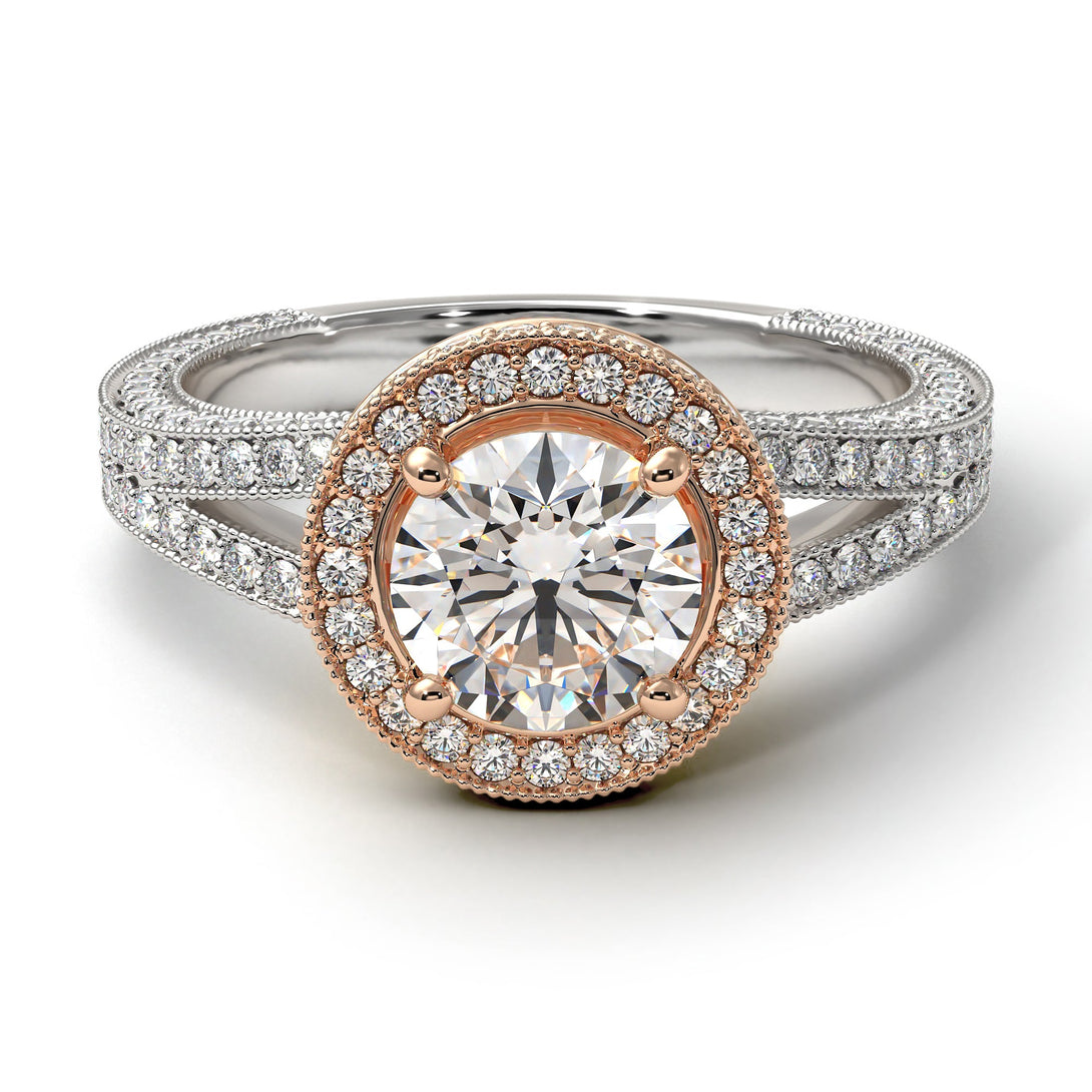 Two Tones Milgrain Round Diamond Engagement Ring - Payton No. 78