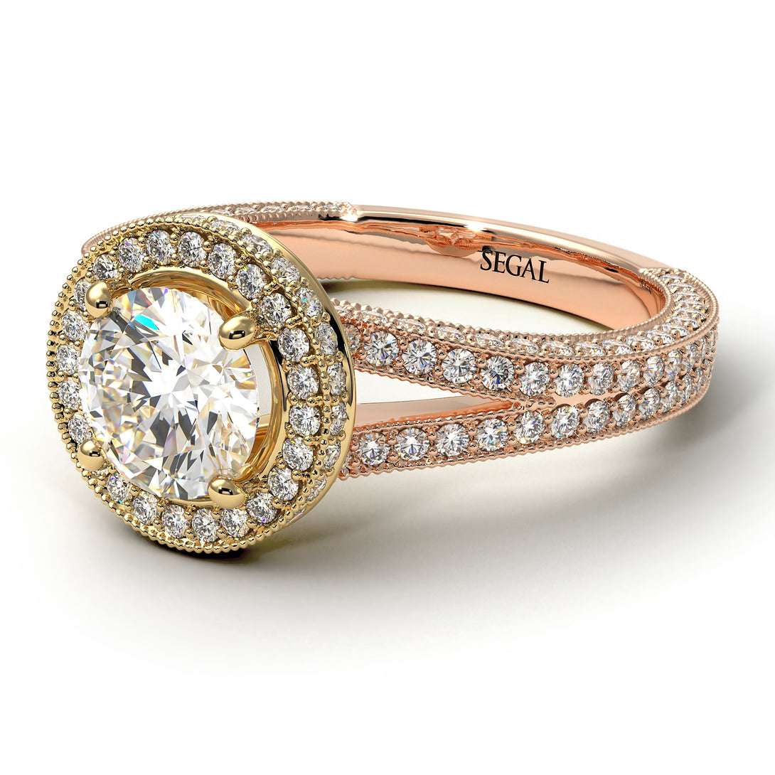 Two Tones Milgrain Round Diamond Engagement Ring - Payton No. 76