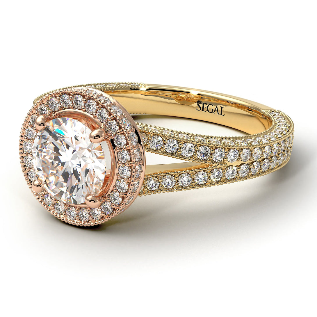 Two Tones Milgrain Round Diamond Engagement Ring - Payton No. 76