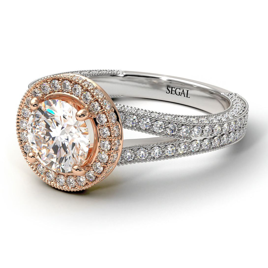 Two Tones Milgrain Round Diamond Engagement Ring - Payton No. 78