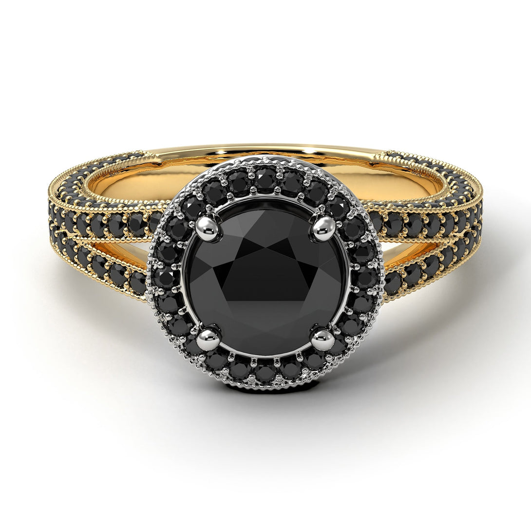 Two Tones Milgrain Round Black Diamond Engagement Ring - Payton No. 80