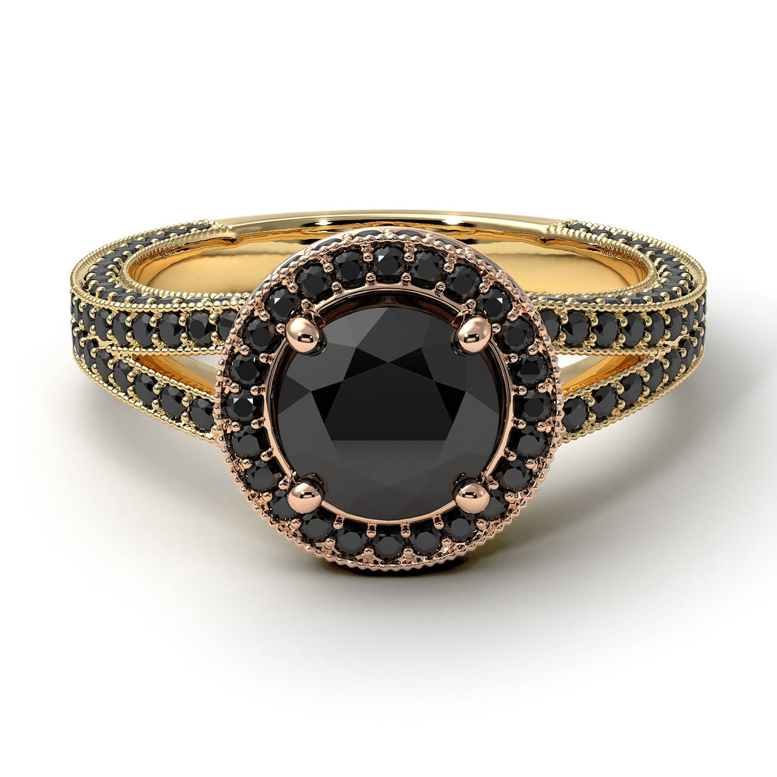 Two Tones Milgrain Round Black Diamond Engagement Ring - Payton No. 79