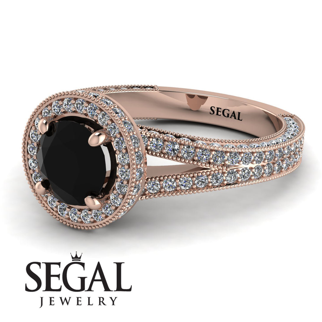 Milgrain Round Black Diamond Engagement Ring - Payton No. 8