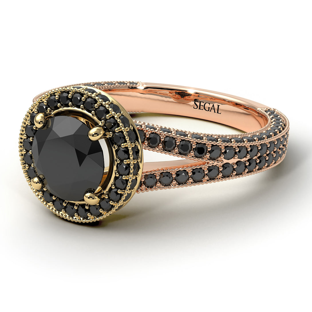 Two Tones Milgrain Round Black Diamond Engagement Ring - Payton No. 79