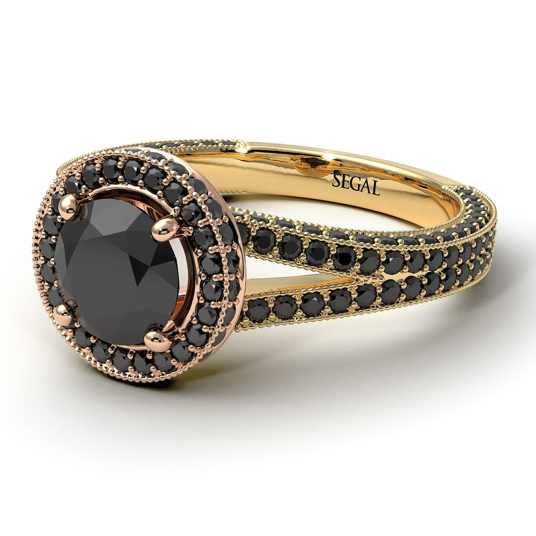 Two Tones Milgrain Round Black Diamond Engagement Ring - Payton No. 79