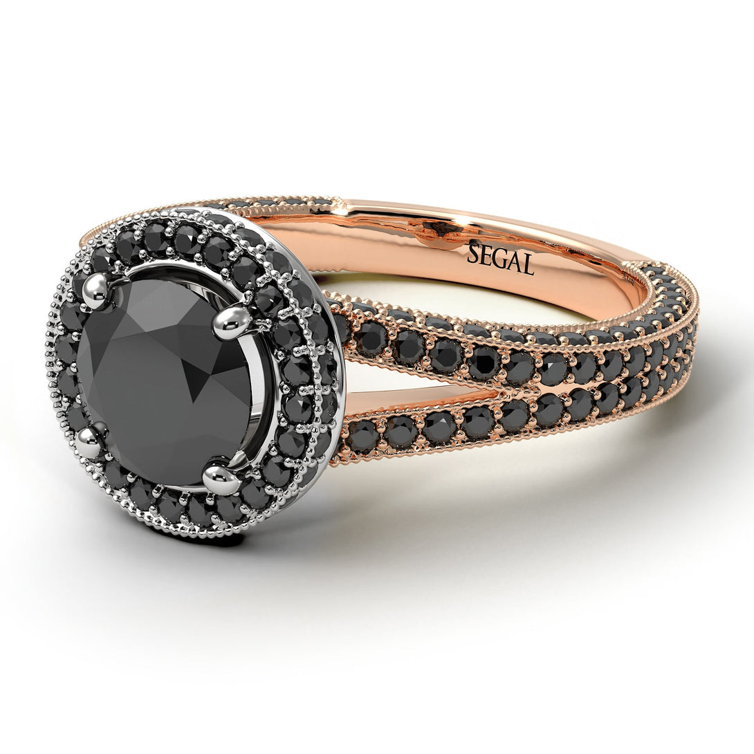 Two Tones Milgrain Round Black Diamond Engagement Ring - Payton No. 81