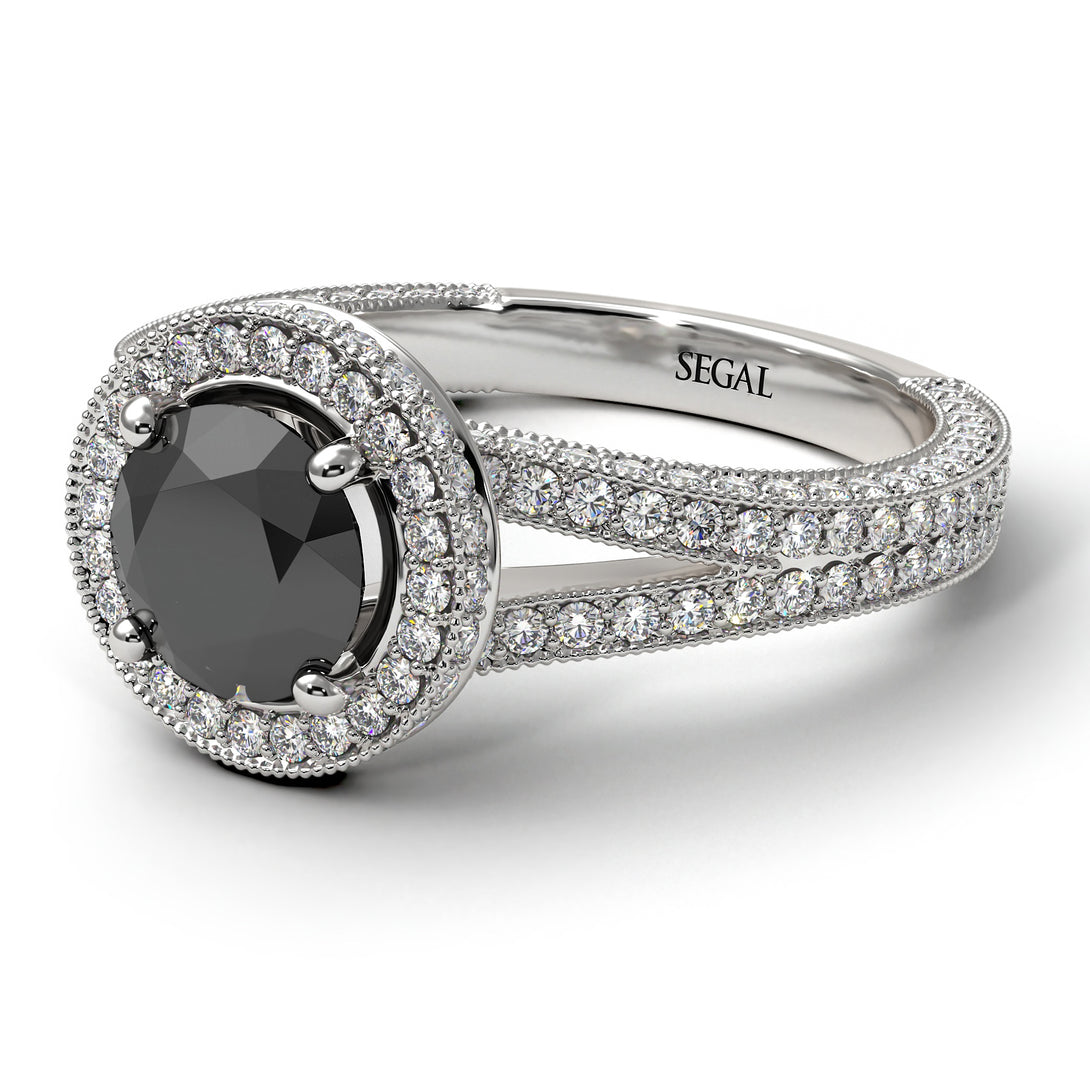 Milgrain Round Black Diamond Engagement Ring - Payton No. 9