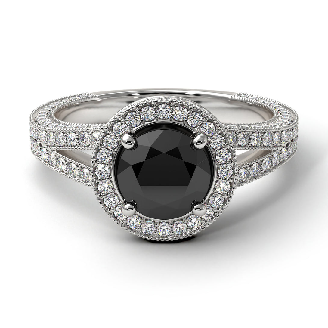 Milgrain Round Black Diamond Engagement Ring - Payton No. 9